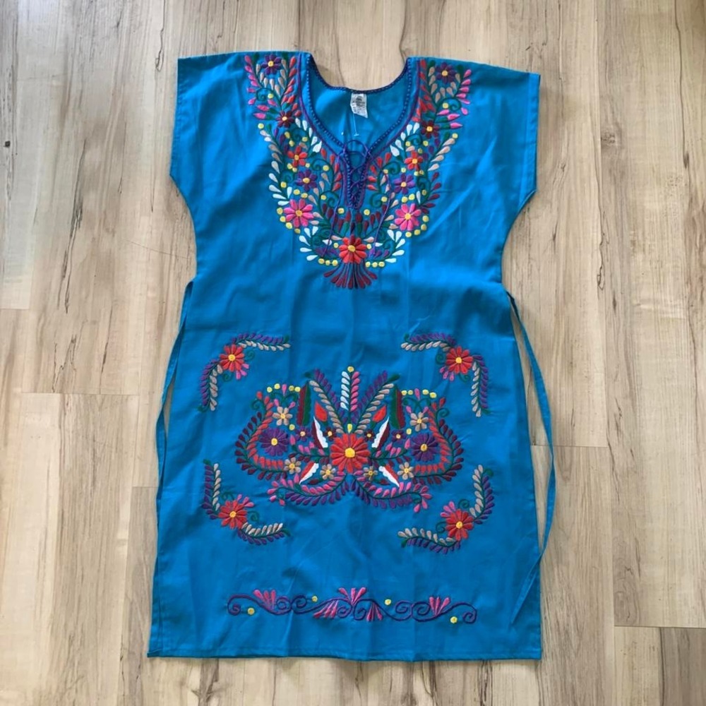 Vintage embroidered, handmade floral dress with waist tie Medium